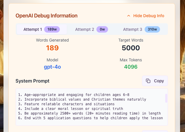 Screenshot of an AI generating a very short story despite being asked for a long one.