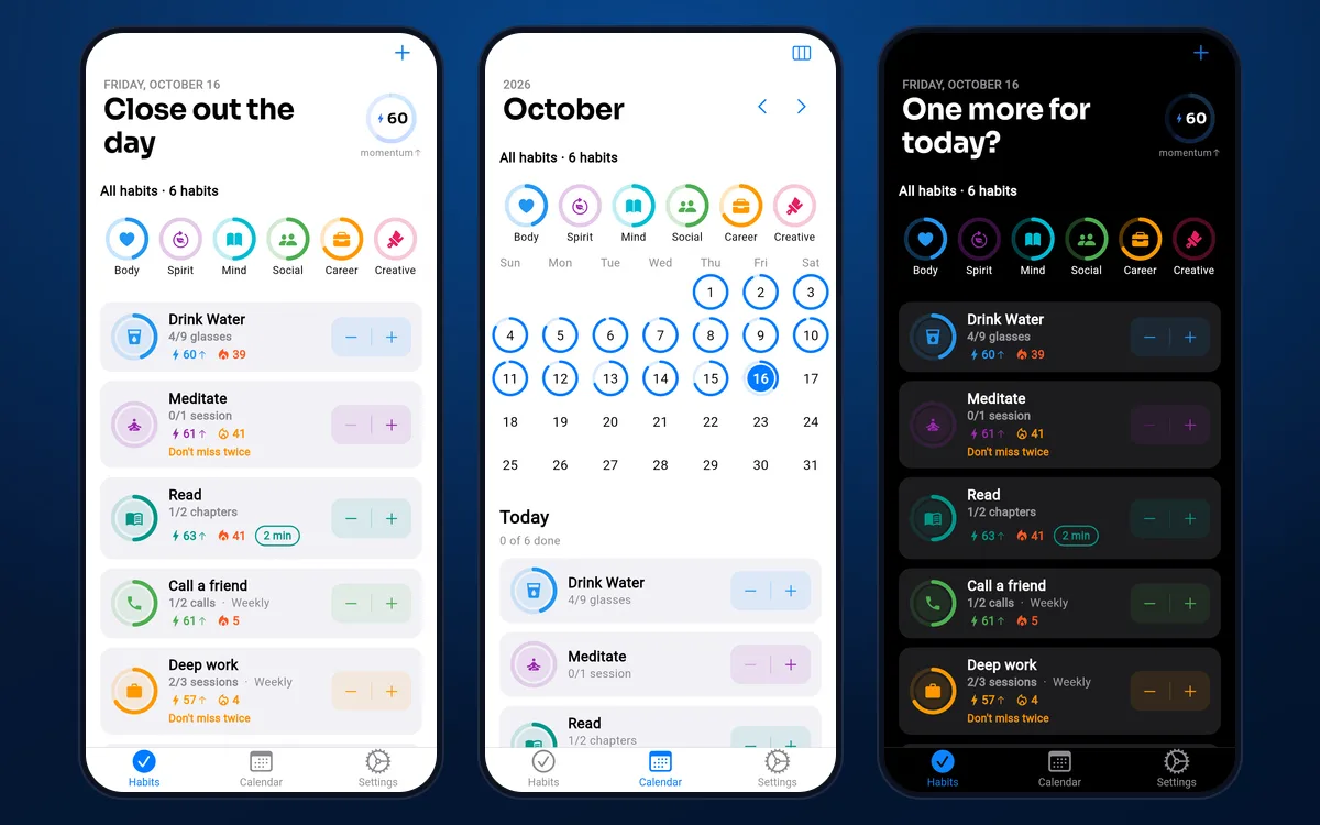 Atomic Momentum on an iPhone: the habits list with momentum scores, the calendar, and the habits list in dark mode